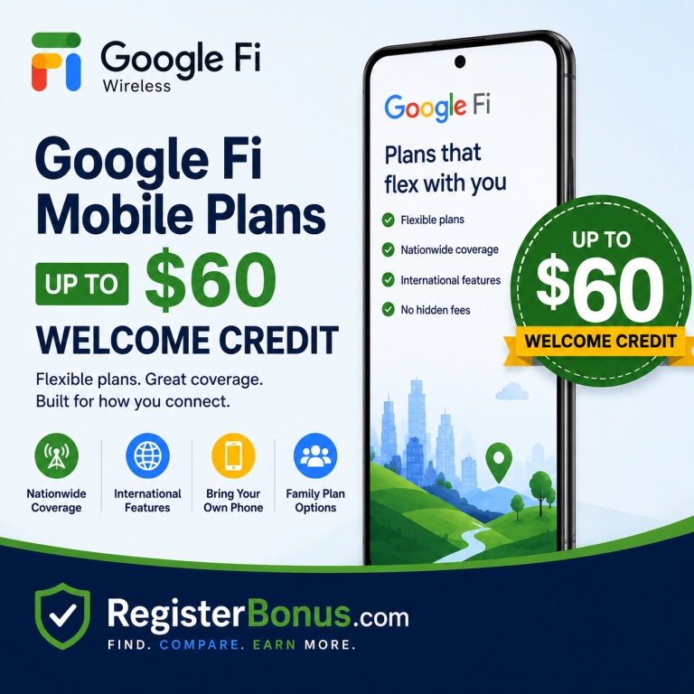 Google Fi mobile plans with up to $60 welcome credit featured on RegisterBonus.com