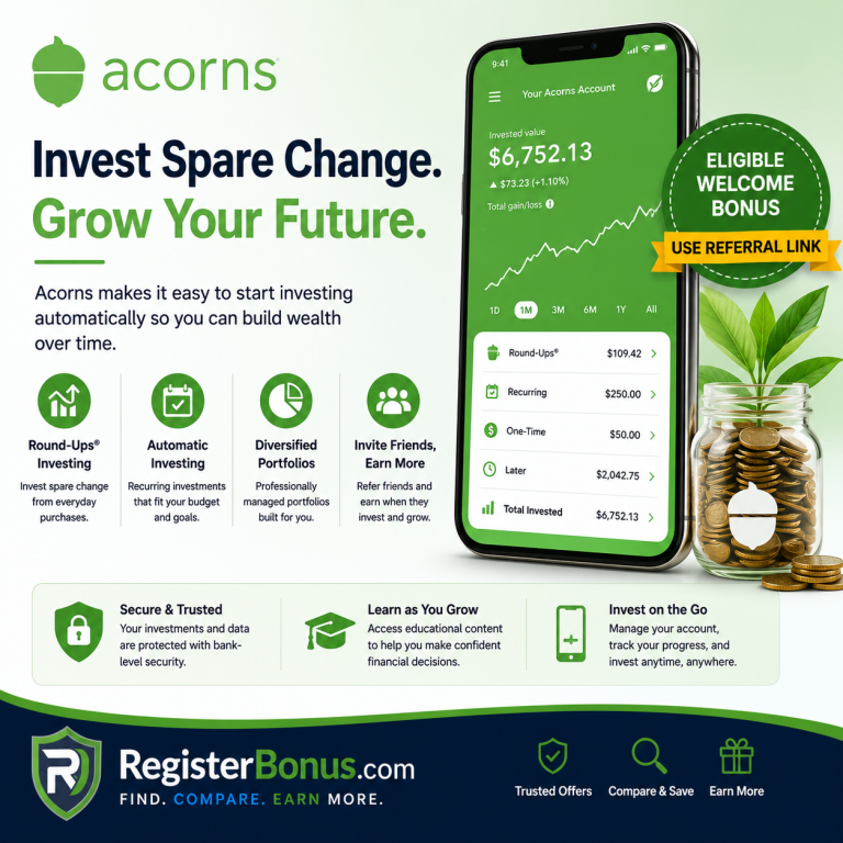 Acorns investing app with Round-Ups, automatic investing and referral bonus information on RegisterBonus.com