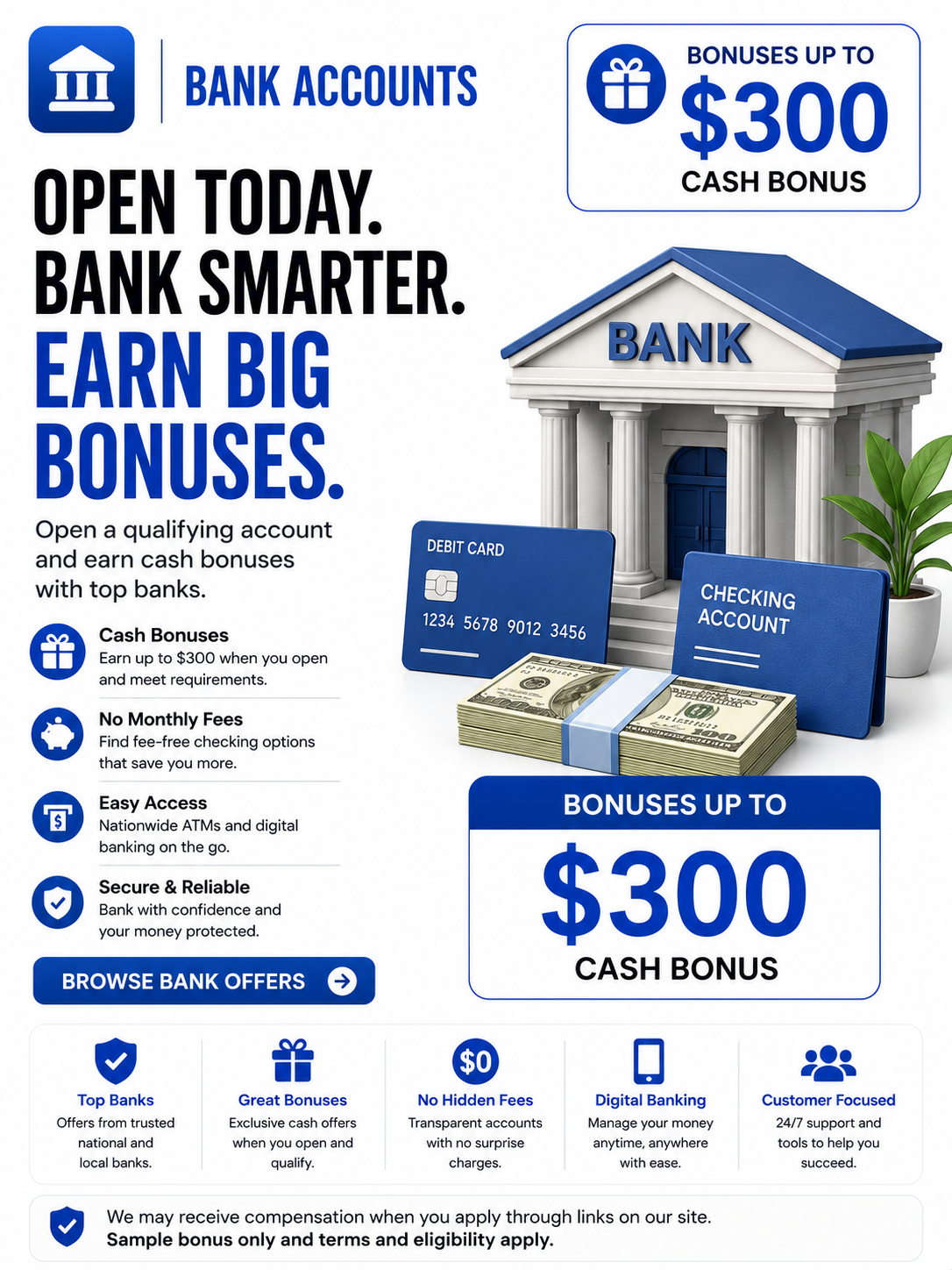 Checking and savings account signup bonuses with cash rewards, welcome offers, debit cards, and new account promotions.