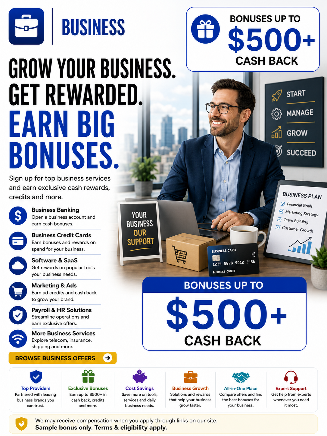 Business signup bonuses featuring business banking, software, payroll, marketing services, shipping, and business welcome offers.