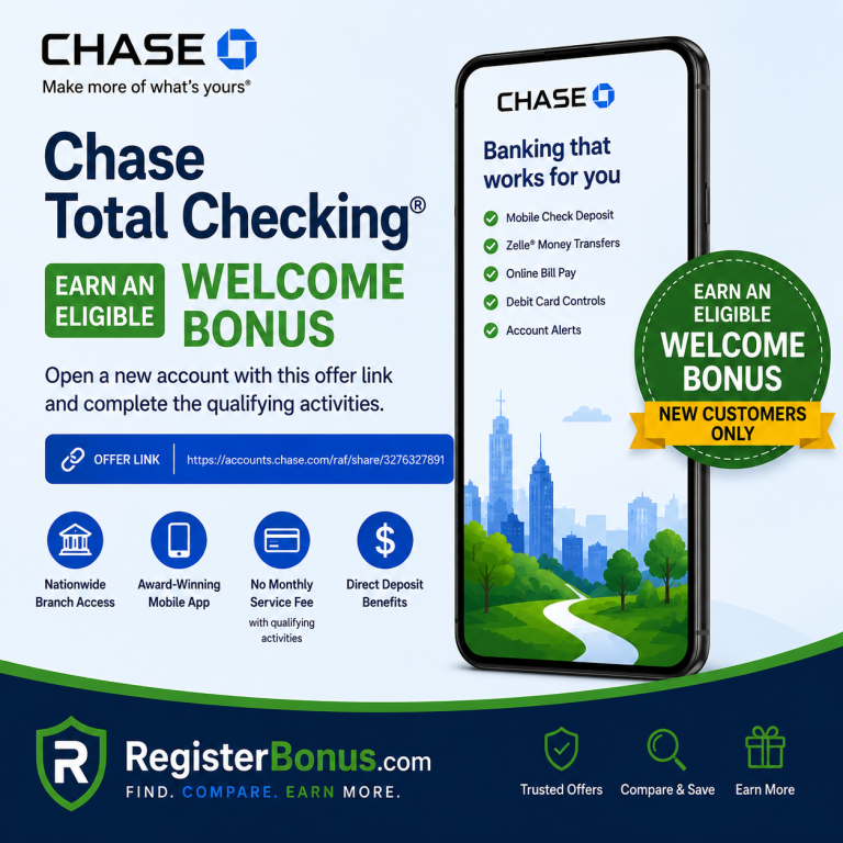 Chase Total Checking account welcome bonus with mobile banking, direct deposit and branch access