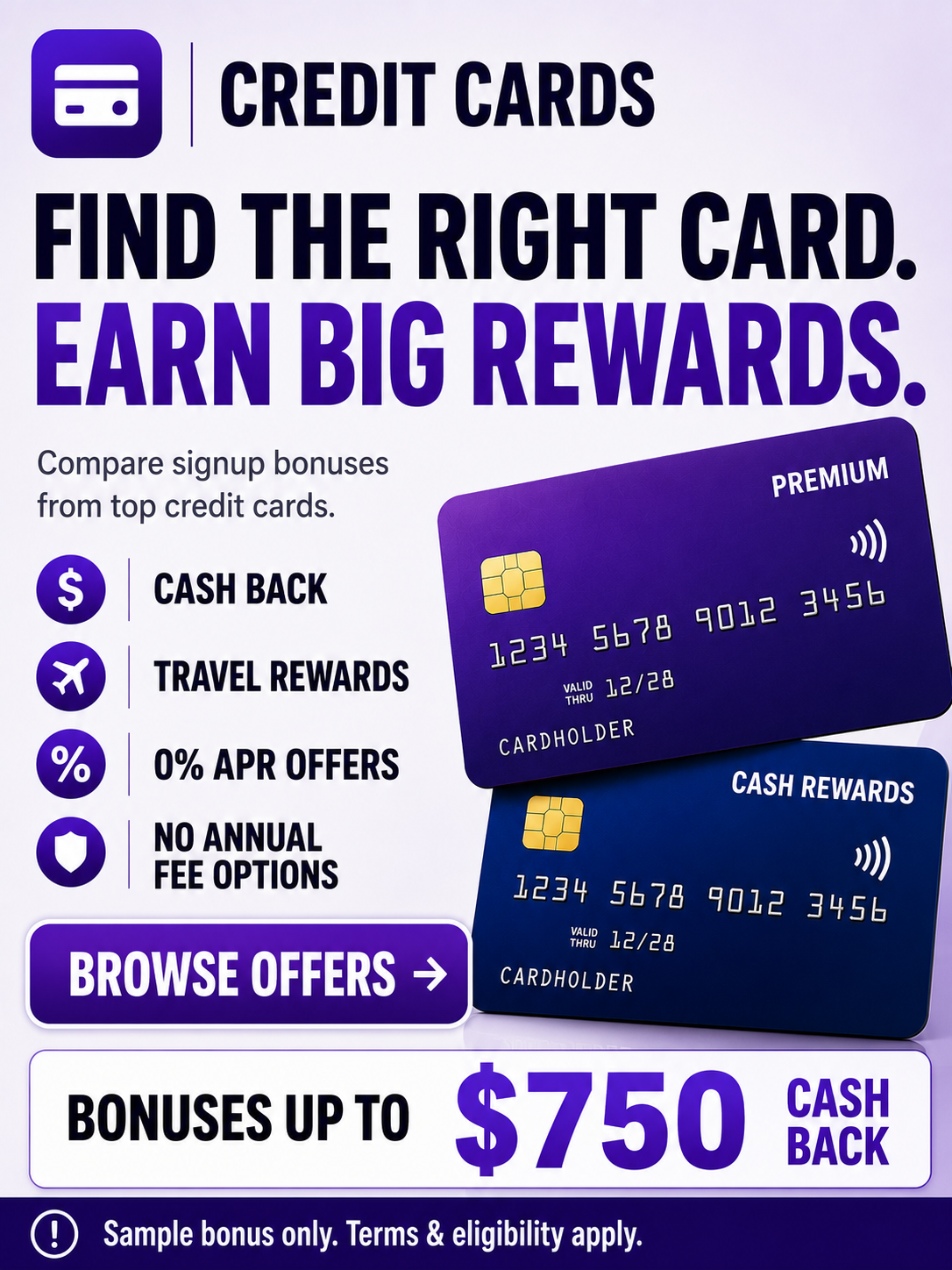 Premium credit cards with cashback, welcome bonuses, reward points, airline miles, gift cards, and exclusive signup offers.