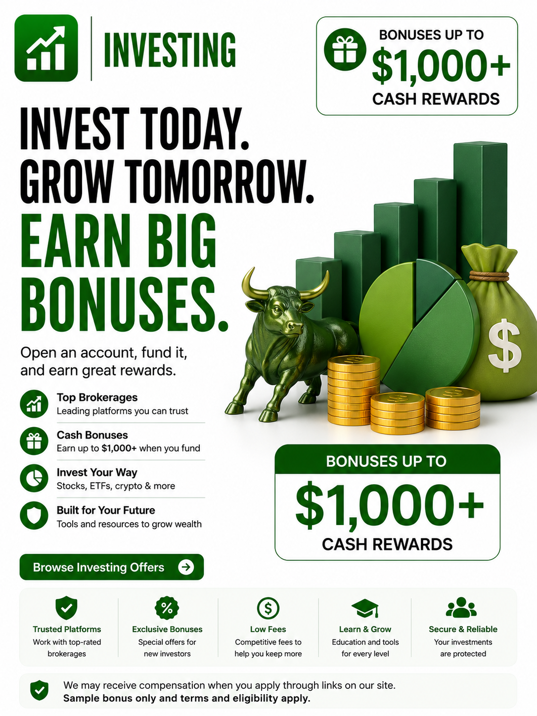 Investor using a trading platform with free stock offers, cash bonuses, referral rewards, investment growth, and brokerage signup incentives.