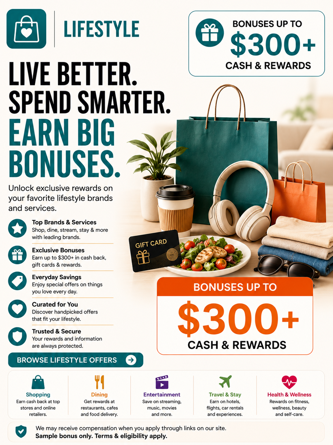 Lifestyle signup bonuses including hotel stays, shopping, dining, entertainment, wellness, travel experiences, and exclusive welcome offers.