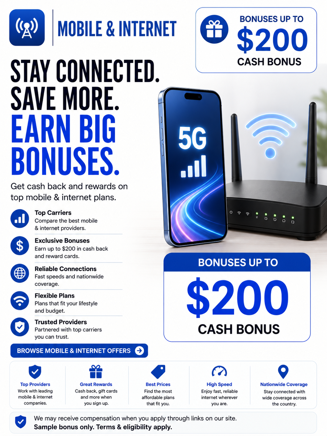 Family using mobile phones and high-speed home internet while earning wireless signup bonuses, bill credits, prepaid rewards, and internet promotions.